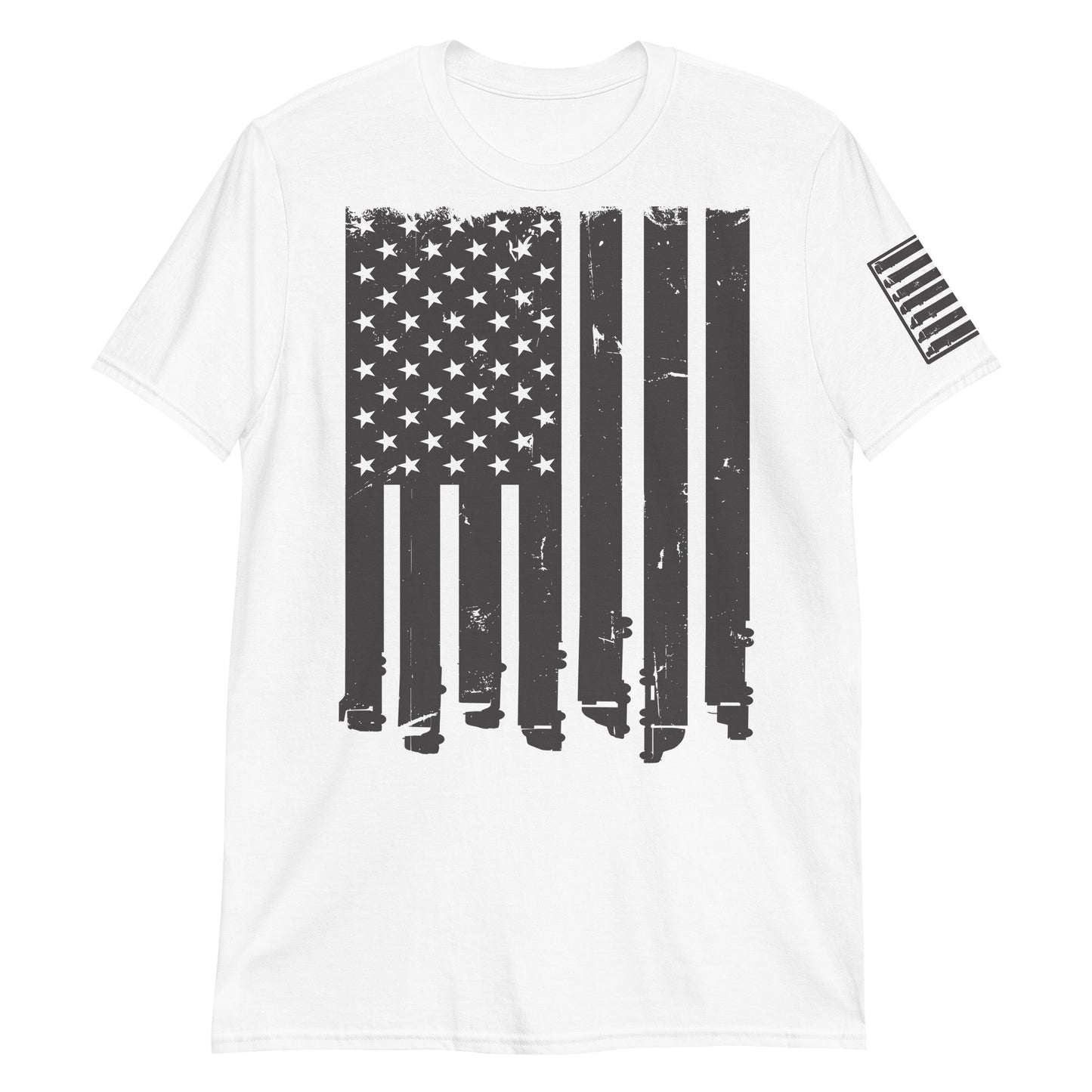 Hauling Freedom' - Image of a trucker t-shirt featuring an American flag design with semi trucks as stripes on a white t shirt, symbolizing the freedom and pride of American truckers