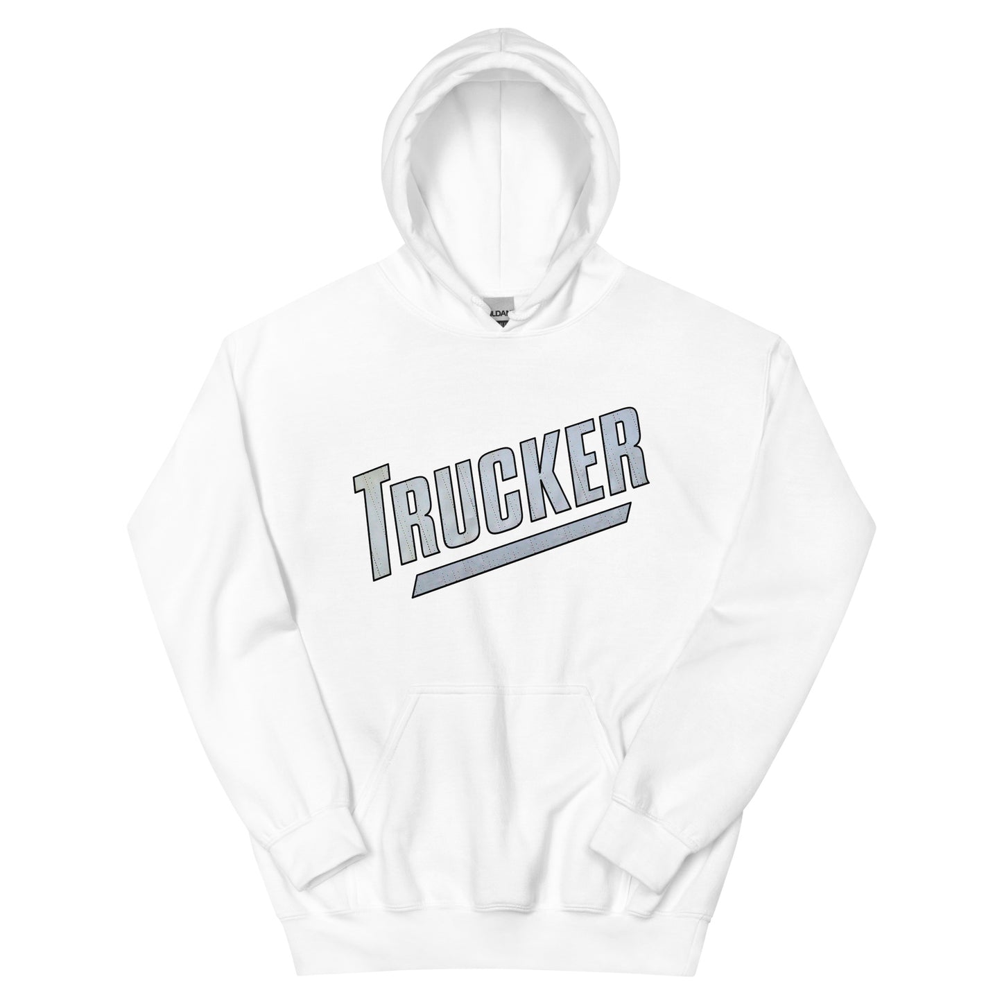 Trucker Hoodie - Image of a white hoodie with the word Trucker written with a design, perfect for truckers looking for style and comfort.
